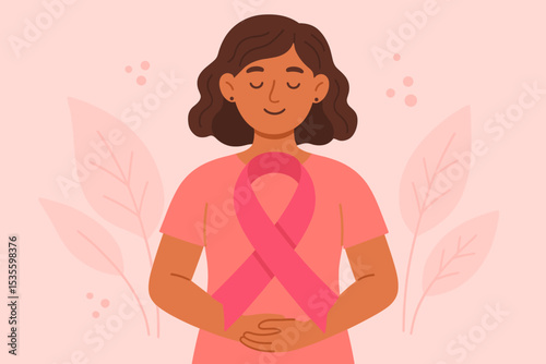 Breast Cancer Awareness Month concept. Woman holds pink ribbon symbolizing hope, support, and survival. Flat vector illustration for health campaign, charity, and medical poster.