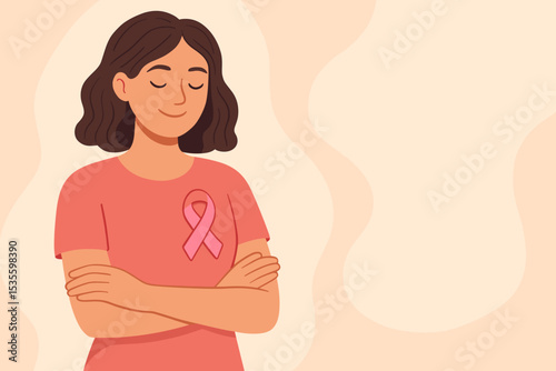 Brave woman wearing pink ribbon for Breast Cancer Awareness Month. Concept of hope, strength, support and survival. Women's health care medical campaign poster. Vector illustration.