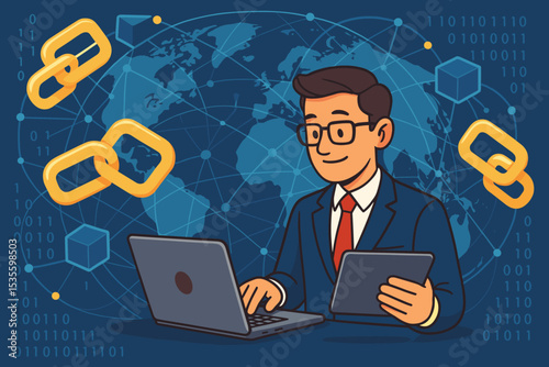 Businessman working on blockchain technology with a laptop. Global business network, fintech, and cryptocurrency concept. Decentralized digital data exchange, finance, and security.