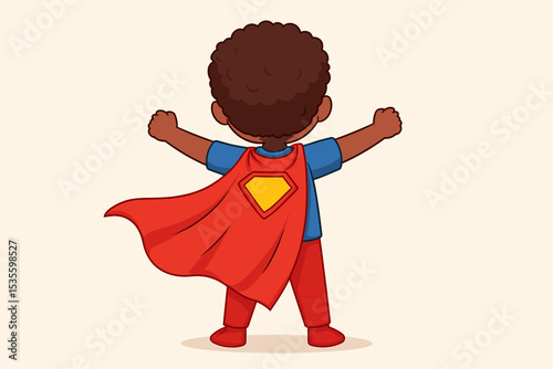 Superhero kid with afro hair from behind. Little black boy in red cape, concept of strength, confidence, and potential. Child empowerment. Imagination and dreams. Vector illustration.