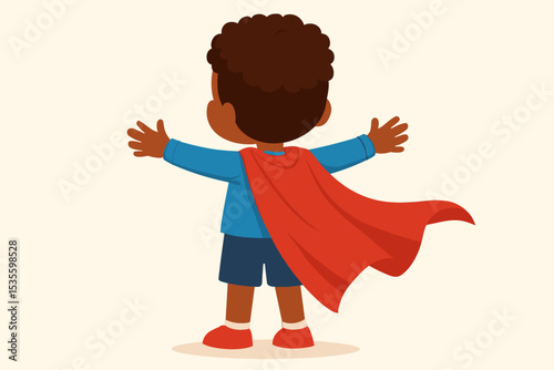 Little Black boy superhero in red cape from back view. Child imagination and dream concept. Kid playing hero with arms outstretched. Childhood adventure and courage vector illustration.