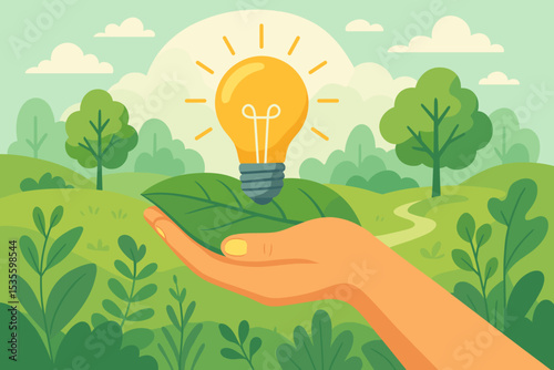 Sustainable energy concept. Hand holding leaf with lightbulb. Metaphor for green power, ecology, environmental care, conservation, and eco-friendly innovation. Save the planet.