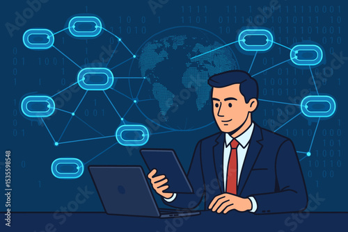 Businessman managing global blockchain network with laptop. Concept for fintech, cryptocurrency, and secure data transactions. Vector illustration of digital chain and binary code.