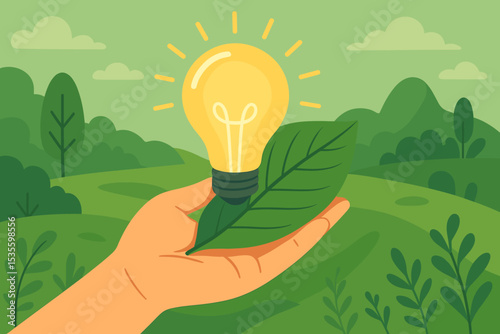 Sustainable energy concept illustration. Hand holding a glowing light bulb on a green leaf. Green power, renewable resources, ecology and environmental care vector background.