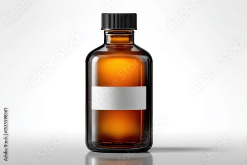 Amber glass bottle with blank label and black cap on white background in studio product photo