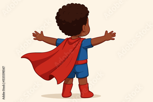 Little African American boy in superhero costume with red cape, back view. Child playing hero with arms outstretched. Concept of childhood imagination, dream, power, and future.