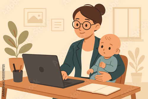 Working mom holding baby while working on laptop at home office. Concept of work-life balance, multitasking, motherhood and career. Modern woman, freelancer, remote work concept.