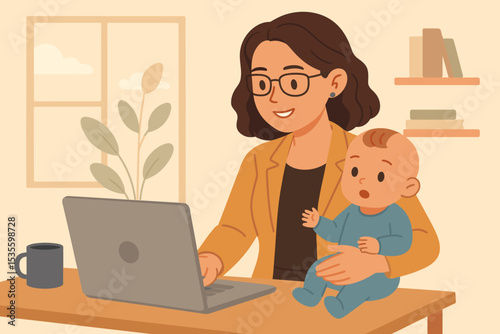 Working mom with baby at home office desk. Woman freelancer multitasking on laptop. Concept for work-life balance, maternity, modern parenting, remote job, and professional career.