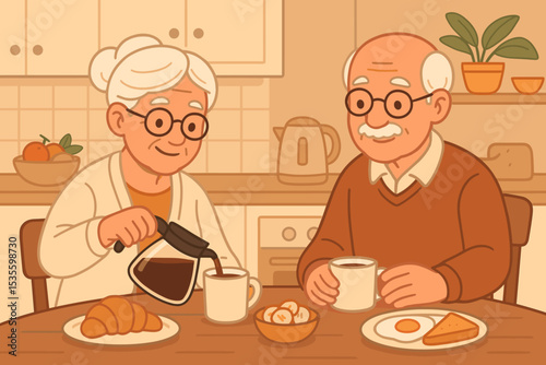 Senior couple having a healthy breakfast together in the kitchen. Happy elderly man and woman enjoying their morning routine. Concept of love, togetherness, and retirement lifestyle.