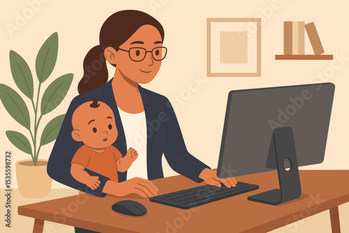 Working mother holding baby on lap at computer desk. Work-life balance, multitasking, remote work from home office concept. Busy mom juggling career and family life. Modern motherhood.