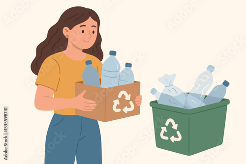 Woman sorting plastic waste for recycling. Young person putting bottles in a bin. Eco-friendly lifestyle concept. Sustainable living and environmental conservation vector illustration.