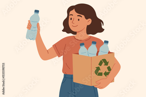 Young woman sorting plastic waste bottles for recycling. Eco friendly lifestyle and environmental protection concept. Volunteer girl collecting plastic garbage in a box with a recycle symbol.