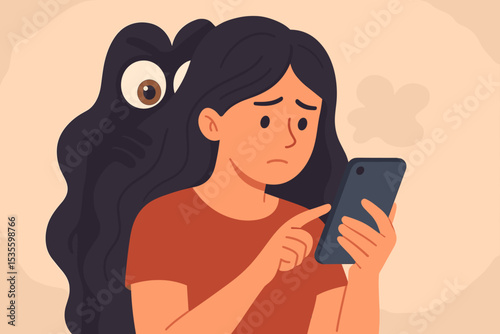 Cyberbullying concept. Anxious woman looks at phone with fear. Monster shadow symbolizes online threats, harassment, paranoia, and mental health problems from social media.