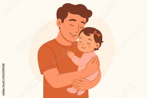 Happy Father's Day concept. Loving father holding his cute baby daughter. Dad embracing newborn girl. Tender paternal love and care. Family bond. Parenthood vector illustration.