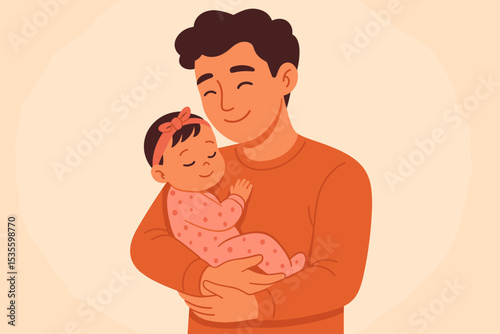 Happy Father's Day card. Loving father holding his sleeping baby daughter. Cute dad embracing newborn infant with tenderness and care. Parenthood, family bond and love concept vector.