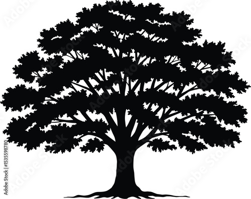 Black silhouette of a large, majestic oak tree with expansive branches and dense foliage, isolated on a clean white background, perfect for eco-themed design, nature-focused stock images