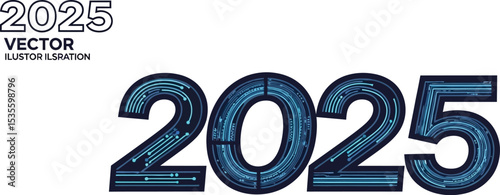 A digital illustration of the year twenty twenty five in blue circuit board style on a white background