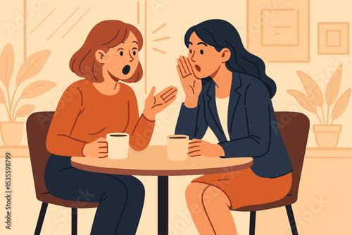 Two women gossiping and whispering secrets in a cafe. A shocked woman listens to her friend telling rumors. Concept of friendship, conversation, and communication. Flat illustration.