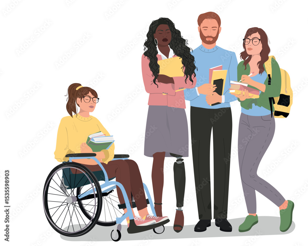 Fototapeta premium A group of beautiful students of different nationalities. Concept of diversity, independence and equality. Vector illustration. 