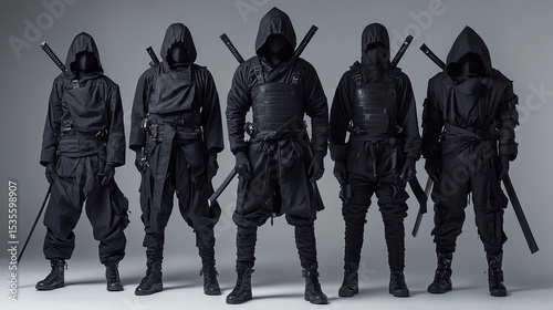 Five figures cloaked in dark ninja garb, swords slung across backs, ready