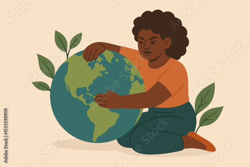 Black woman embracing the planet Earth. Concept of environmental protection, conservation, and sustainability. Vector illustration for Earth Day, climate action, and global care.