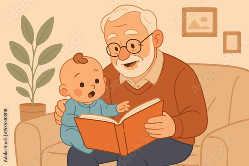 Grandfather reads book to grandson. Family storytime. Senior man and baby bonding. Intergenerational love. Childhood education, learning concept. Happy memory. Cozy home lifestyle. Storytelling.