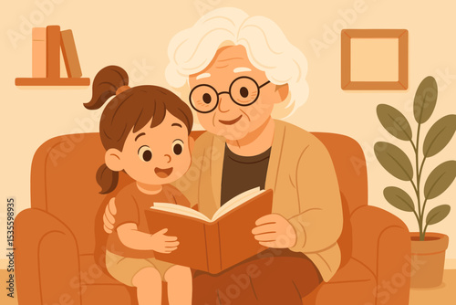 Grandmother reading story book to her granddaughter on sofa. Happy family time, love and bonding. Senior woman and little girl learning. Childhood education vector illustration.