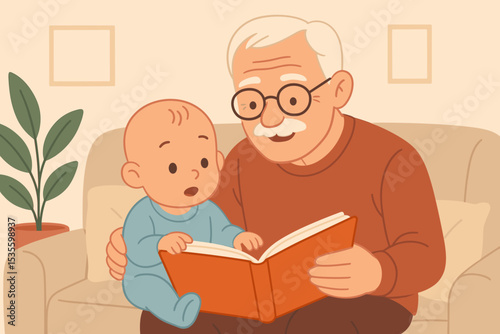 Grandfather reading a story book to his baby grandson on the sofa. Concept of family bonding, intergenerational relationship, and love. Elderly man teaching a child. Storytime.