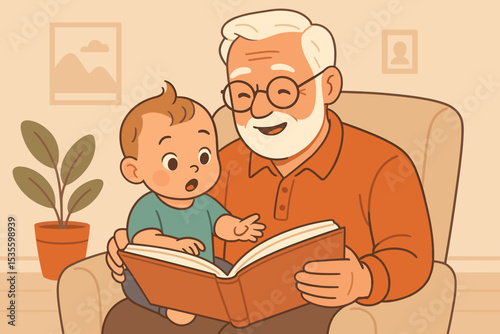 Loving grandfather reading a storybook to his curious grandson. Happy family bonding, intergenerational love and learning. Senior man teaching a child. Childhood development.