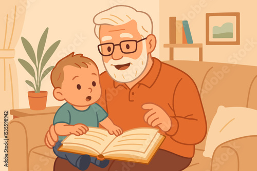 Grandfather reading storybook to grandson on sofa. Family bonding, learning, education concept. Senior man and toddler child sharing happy moments together. Cartoon vector illustration.