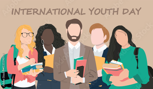 International Youth Day banner. Group of students with books. Vector illustration