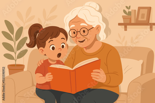 Grandmother reading a book to her granddaughter on the sofa. Happy family storytime. Senior woman and little girl bonding. Education, learning, love and togetherness vector.