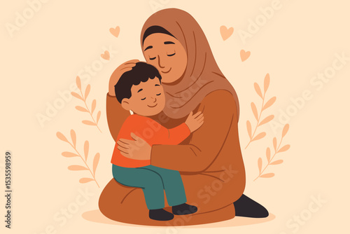 Muslim mother wearing a hijab tenderly embraces her son. Concept of happy family, motherhood, maternal love, and care. Cute flat vector illustration for Mother's day greeting card.