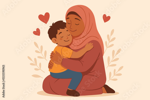 Loving Muslim mother wearing a hijab embraces her little son. Happy family moment. Motherhood, affection, and care concept vector. Cute illustration for Mothers Day greeting card.