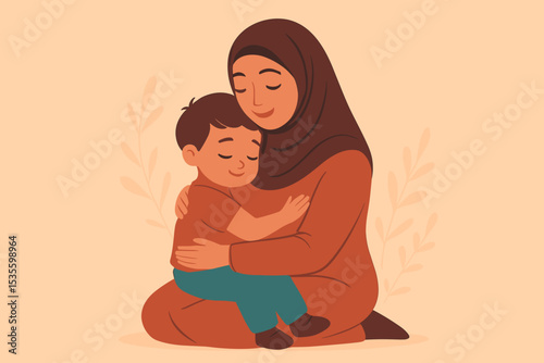Muslim mother in hijab lovingly embracing her son. Happy Mother's Day concept. Islamic family vector illustration. Woman and child hug. Motherhood, love, and care symbol.
