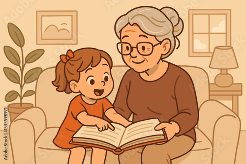 Grandmother reading a story book to her granddaughter on a sofa. Happy family storytime concept. Intergenerational bonding, childhood memory, and home education. Cute cartoon vector.