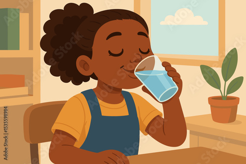 Cute black girl drinking a glass of water. Thirsty child quenching thirst. Concept of hydration, healthy lifestyle, daily routine, and wellness. Refreshing moment. Vector illustration.