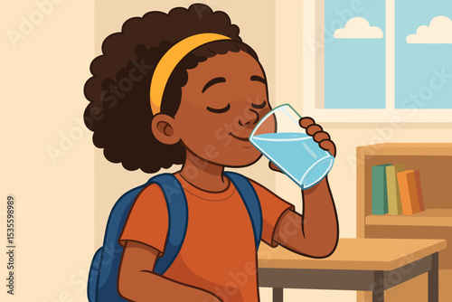 Young African-American girl drinking a glass of water. Thirsty student hydrating in classroom. Healthy lifestyle, thirst quenching concept. Child with backpack. Cartoon vector.