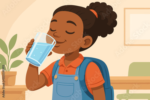 Thirsty African American girl student drinking pure water from glass. Cute kid with backpack hydrating, quenching thirst. Healthy habit, wellness, and daily routine vector concept.