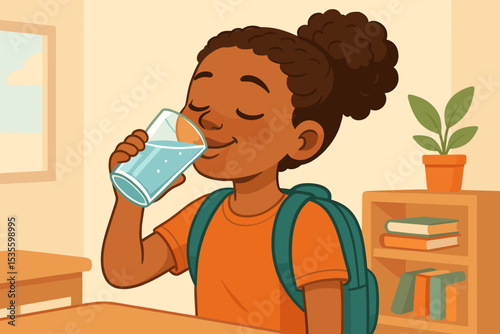 African American girl drinking water from a glass. Young student with backpack in classroom. Concept of hydration, healthy lifestyle, thirst quenching, wellness, and refreshment.
