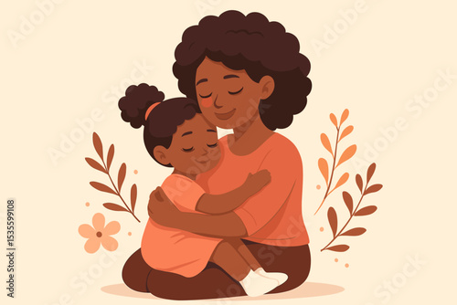Black mother hugging her daughter with love. African American family concept for Mother's Day. Mom and child embrace tenderly. Cute cartoon vector illustration of parental love.
