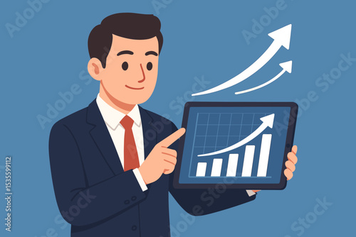 Businessman presents a successful growth strategy on a tablet, showing a rising financial chart. Vector concept for business development, data analysis, profit increase, and investment.