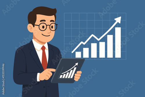 Businessman analyzing business growth chart on tablet. Concept of financial data analysis, investment strategy, and corporate success. Stock market profit graph with arrow up.