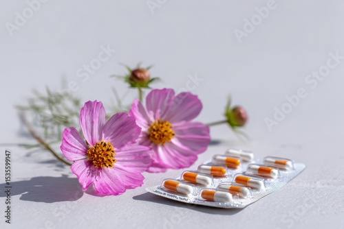 White pills and pink cosmos flowers on white surface in minimalist bright close-up overhead style