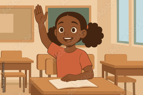 Happy Black student girl raising her hand in class. Eager elementary school pupil participating in a lesson. Vector illustration concept for education, learning, and knowledge.