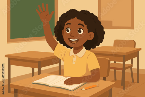 Cartoon African American girl student raising hand at desk in school classroom. Eager kid happy to answer question. Back to school, elementary education, learning concept illustration.
