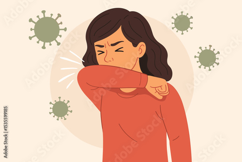Person coughing into elbow to prevent spreading virus and germs. Sick woman with cold, flu, or coronavirus symptoms. Health care, hygiene, and pandemic safety measure concept.