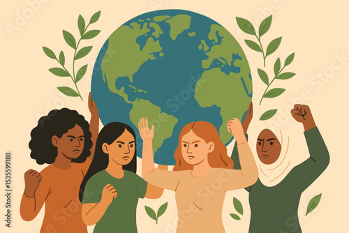 Diverse group of women activists unite for climate justice. Female protestors fighting to save planet Earth. Concept for feminism, women empowerment, solidarity, and Earth Day.
