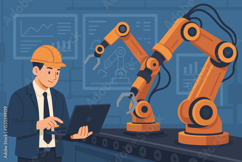Engineer with laptop programming robotic arms on a smart factory production line. Industrial automation and Industry 4.0 concept. Manufacturing technology and AI control vector.