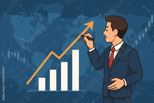 Businessman drawing growth chart arrow. Stock market investment and financial analysis concept. Business success strategy for profit and economic growth. World map vector background.